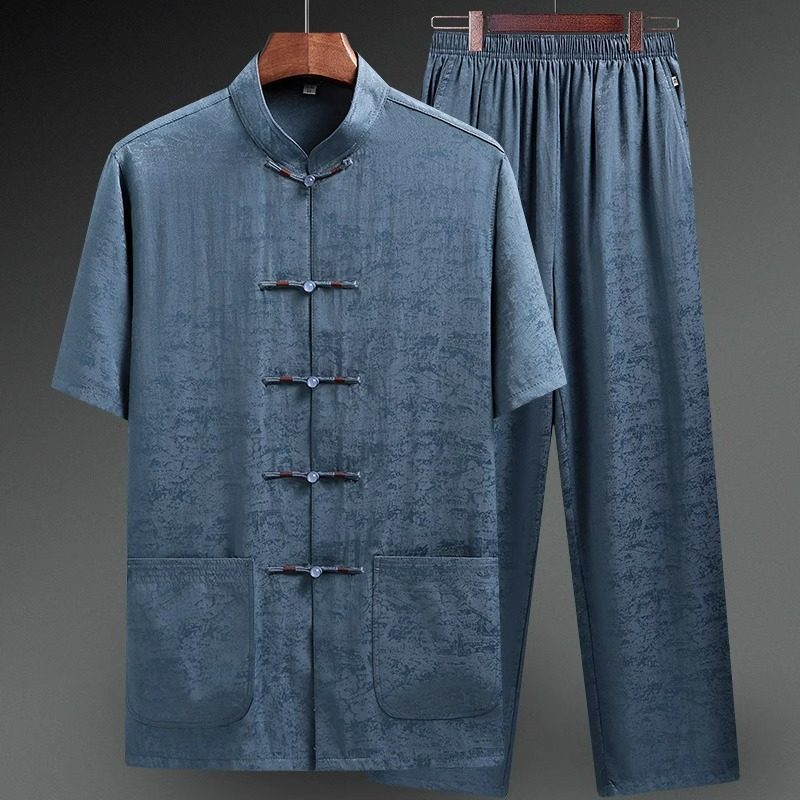 高版唐装男士冰丝短袖套装老人爷爷夏天衣服中国风男装中老年爸爸,男装,中山装,淘宝优惠券,粉丝福利购,淘宝优惠卷