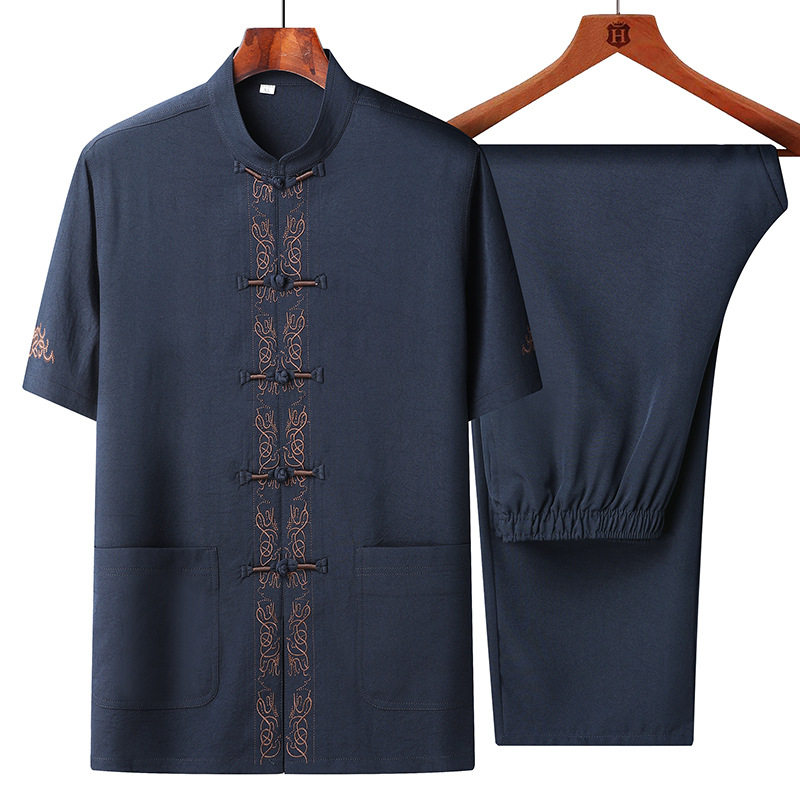 高版夏季唐装男士休闲刺绣短袖套装中国风爸爸装爷爷装汉服老人衣,男装,唐装,淘宝优惠券,粉丝福利购,淘宝优惠卷