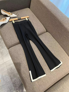 VANLU上身CHAO有范！腿精BI入~复古时髦拼色高腰通勤显瘦微喇西裤