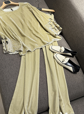 VANLU重磅BC优雅之作！刺绣镂空七分袖真丝丝绒上衣+阔腿裤套装女