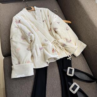 VANLU 国风仙女系 唯美浪漫 重工刺绣花朵V领系带真丝丝绒棉服女