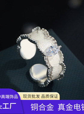 源头工厂复古重工宽版拉丝开口戒指铜合金真金电镀镶锆可调节指环