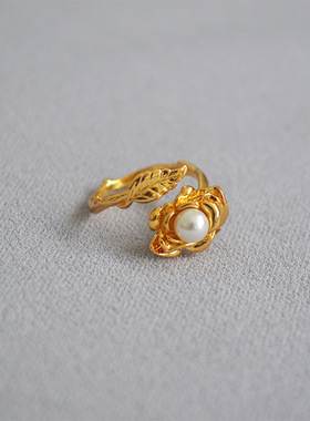 小众设计复古玫瑰花朵树叶镶嵌珍珠开口简约时尚戒指食指戒