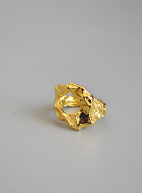 欧美复古做旧仿金色岩石不规则潮人时髦摩登开口戒指食指戒女