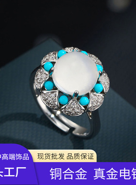 源头工厂复古宫廷风水墨玉开口戒指铜合金镶锆石高级感可调节指环