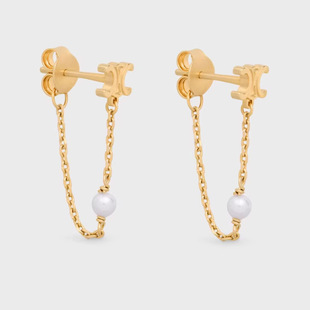 爆款大牌女士耳环金色黄铜施家珍珠双C凯旋门链式耳钉2024新款
