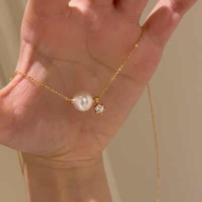 《迷失东京》法式12mm路路通珍珠项链女镀金镶锆石简约高级感吊坠