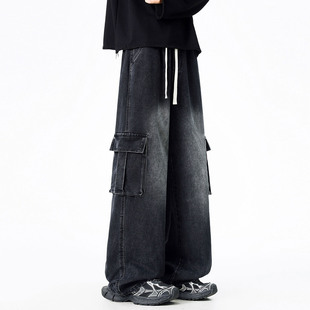 ZMGEEN美式工装牛仔裤男秋冬季加绒大码宽松直筒大口袋休闲长裤子