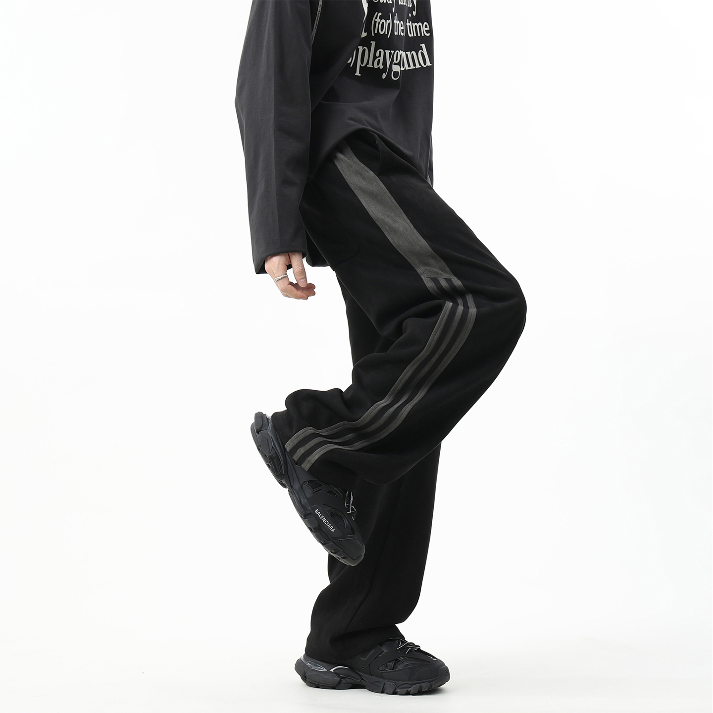 ZMGEEN秋冬季加绒裤子男美式潮牌宽松条纹麂皮绒直筒运动休闲长裤