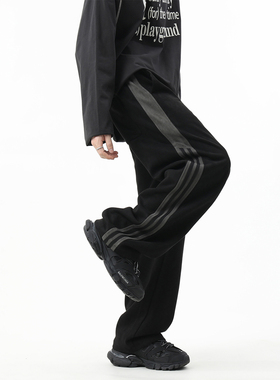 ZMGEEN加绒裤子男款冬季美式潮牌宽松条纹麂皮绒直筒运动休闲长裤