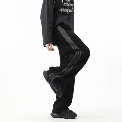 ZMGEEN秋冬季加绒裤子男美式潮牌宽松条纹麂皮绒直筒运动休闲长裤