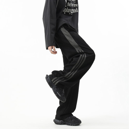 ZMGEEN秋冬季加绒裤子男美式潮牌宽松条纹麂皮绒直筒运动休闲长裤