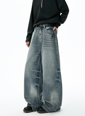 ZMGEEN潮牌牛仔裤男秋季美式重工水洗宽松直筒垂感休闲阔腿长裤子