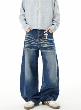 ZMGEEN秋季新款牛仔裤男潮牌复古美式阔腿裤宽松百搭深蓝色休闲裤