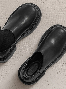 皮鞋男款2025新款年轻人厚底大头鞋子黑色公务一脚蹬低帮切尔西靴