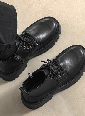 马丁靴男款2025新款冬季加绒真皮靴子厚底工装靴黑色拉链高帮皮鞋