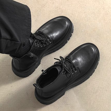 马丁靴男款2025新款冬季加绒真皮靴子厚底工装靴黑色拉链高帮皮鞋