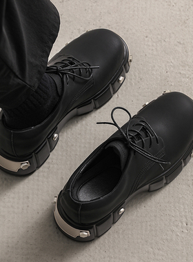 皮鞋男款2025新款年轻人休闲鞋黑色大头鞋子高级感厚底增高德比鞋