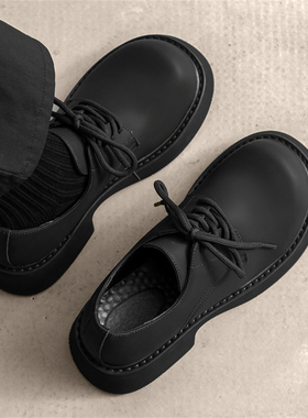 皮鞋男款冬秋黑色商务休闲鞋低帮增高大头工装鞋厚底加绒马丁靴子