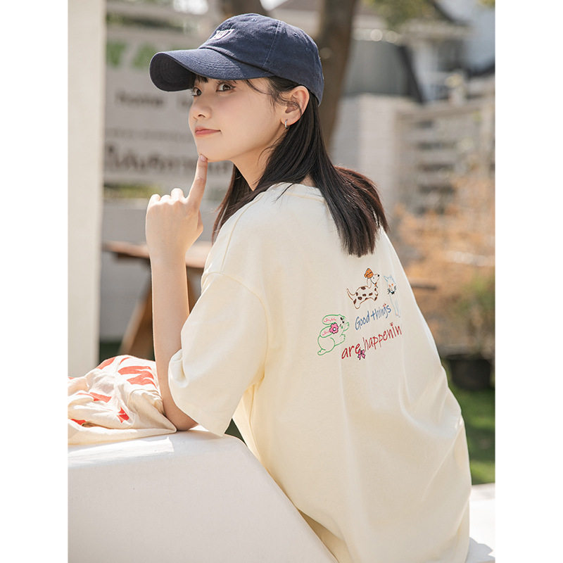 2026新款女生原创卡通前后刺绣宽松短袖t恤女夏宽松纯棉圆领上衣
