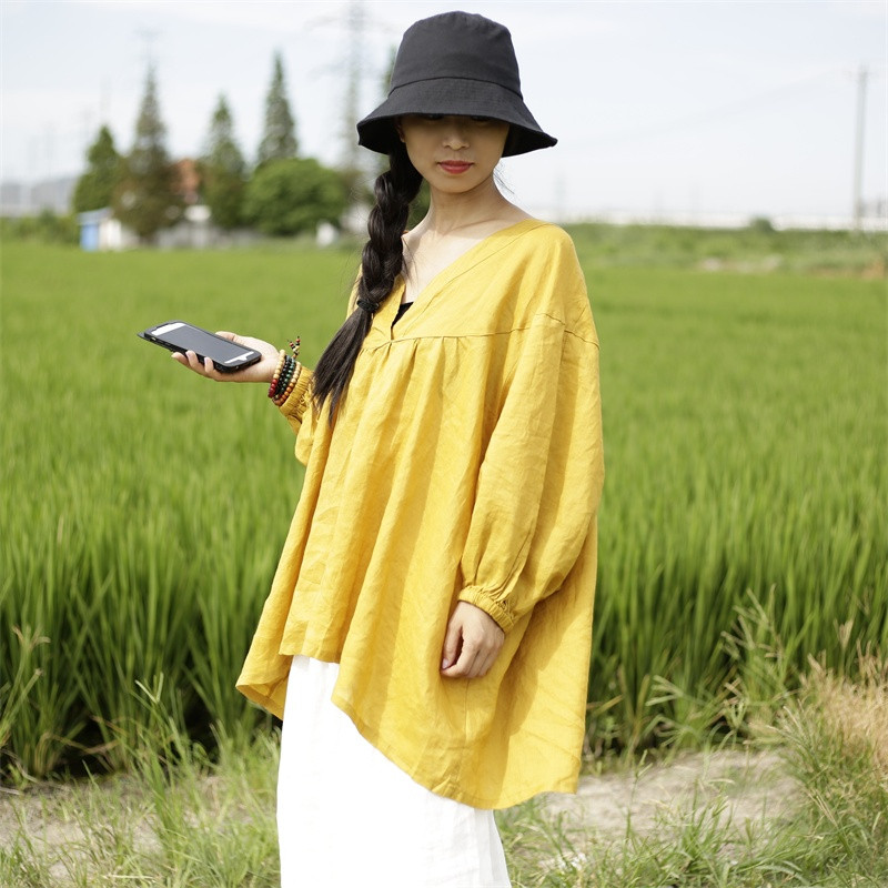 清仓 春夏文艺复古纯亚麻大V领宽松衬衫泡泡袖女士上衣九分袖