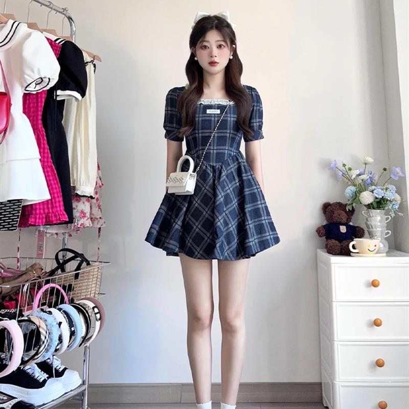 法式复古格子连衣裙女夏气质甜美学院风收腰显瘦初恋清纯少女裙子