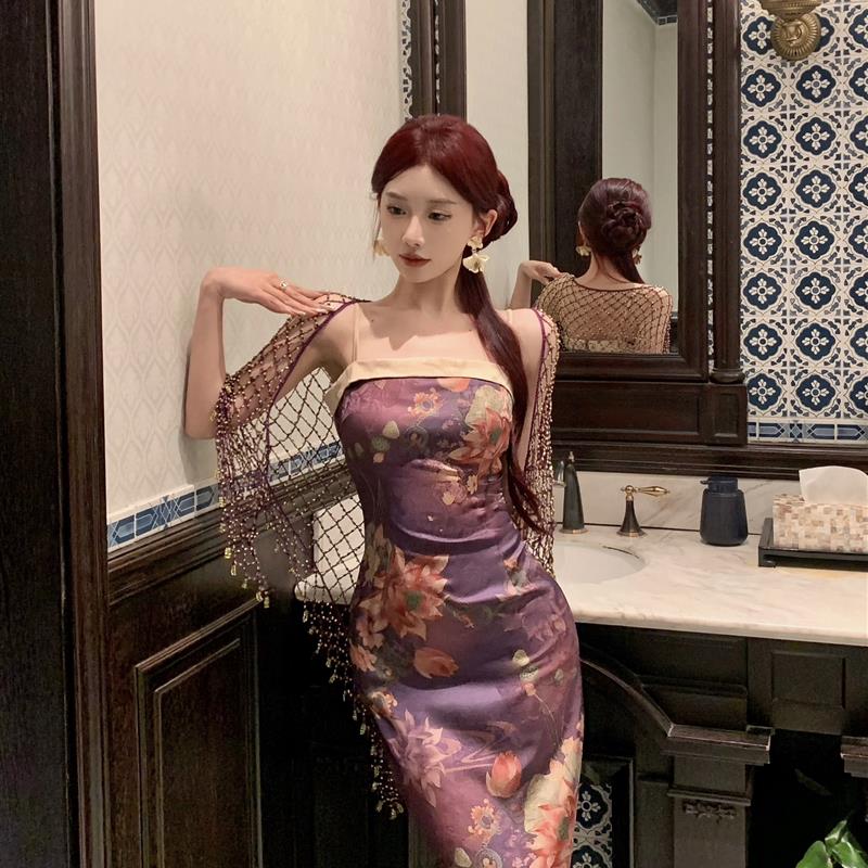 妹妹说紫色很有韵味复古新中式改良旗袍女挂脖吊带连衣裙长裙子