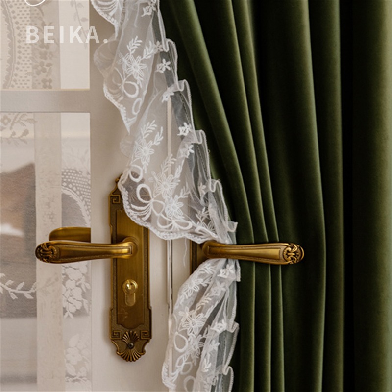 复古美式法式窗帘洛可可客厅卧室高级感蕾丝纱帘丝绒布帘绿色新款