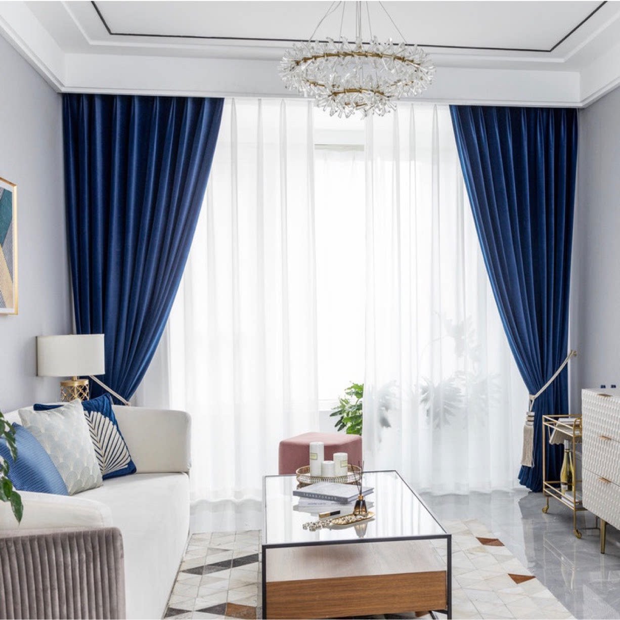 成都窗帘定制全屋客厅卧室飘窗纱帘新中式北欧现代简约轻奢宝蓝色