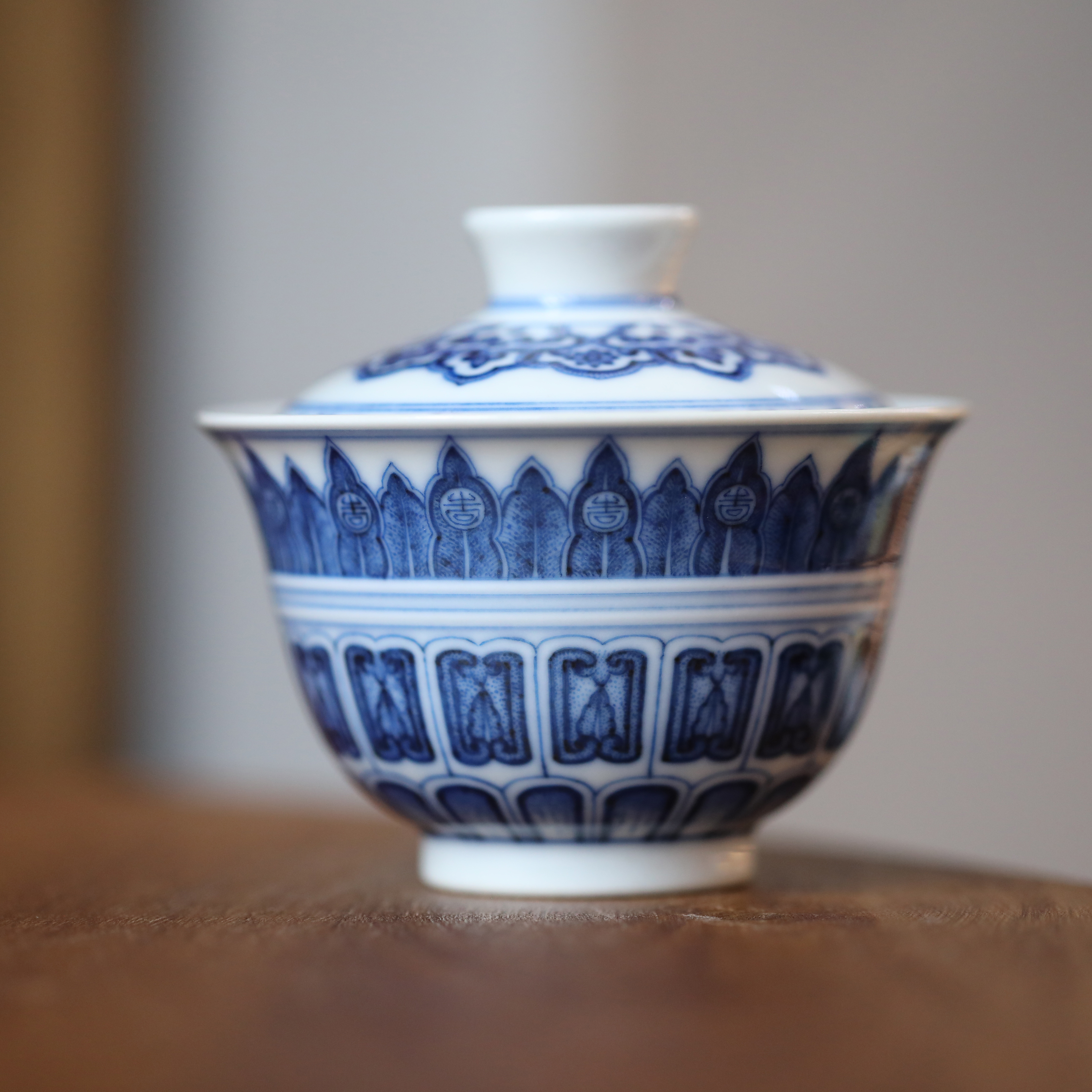 景德镇天义华 青花蕉叶如意凸弦纹圣寿盖碗 精品茶碗茶杯功夫茶具