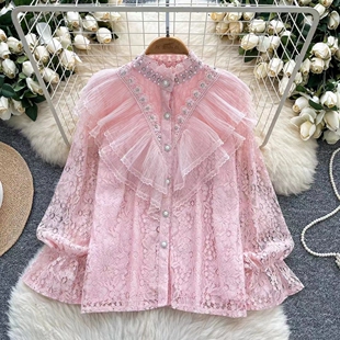 法式复古宫廷风重工钉珠镶钻长袖衬衫女显瘦单排扣荷叶边蕾丝上衣