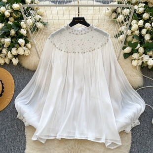 仙女百搭高级感烫钻网纱拼接灯笼袖衬衫女春秋法式宽松显瘦上衣潮