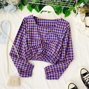 泡泡袖格子衬衣女春秋新款小衫套头短款长袖上衣百搭学生褶皱衬衫