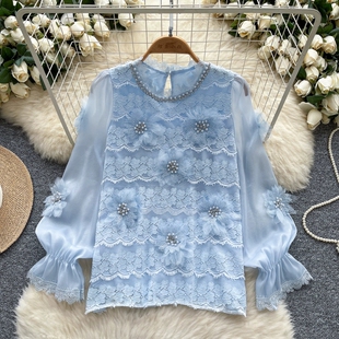 法式高级感重工钉珠镶钻立体花朵蕾丝拼接长袖衬衫女洋气显瘦上衣