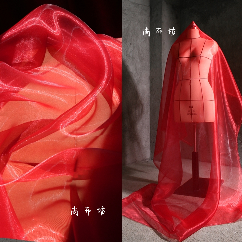中国红 水晶纱透视硬挺欧根纱礼服婚纱婚庆摄影DIY服装设计师面料