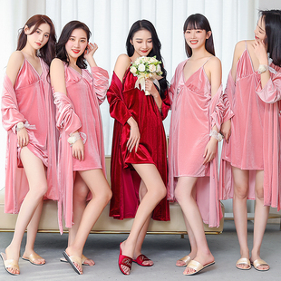 高级感长款 婚礼晨袍女新娘伴娘团金丝绒秋冬季 结婚红色睡衣浴袍