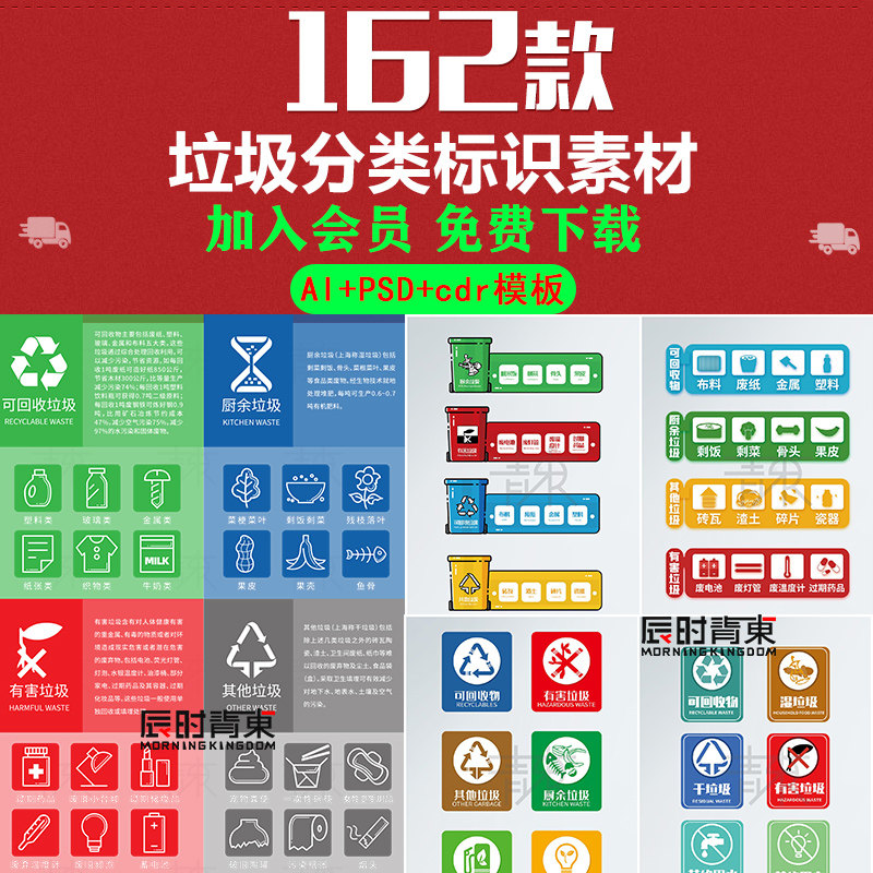 垃圾分类图标可回收厨余有害其他垃圾标识cdr ai psd素材矢量元素