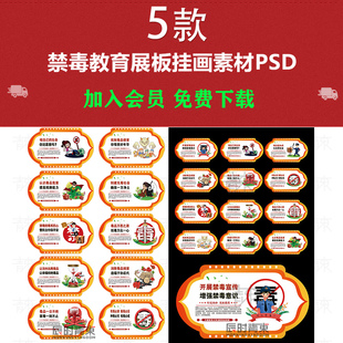 校园文化青少年禁毒知识展板漫画走廊围墙系列挂图画PSD设计素材