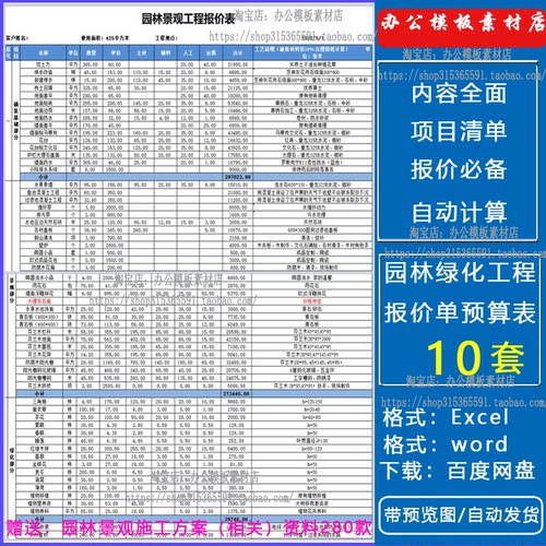 园林景观绿化工程报价单 Excel表模板项目工程直接费用预算明细表