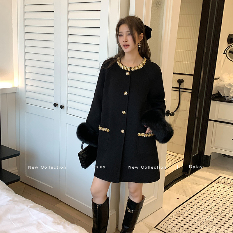 DPLAY2025年冬季新款黑色毛呢外套女气质闪钻100羊毛双面呢大衣