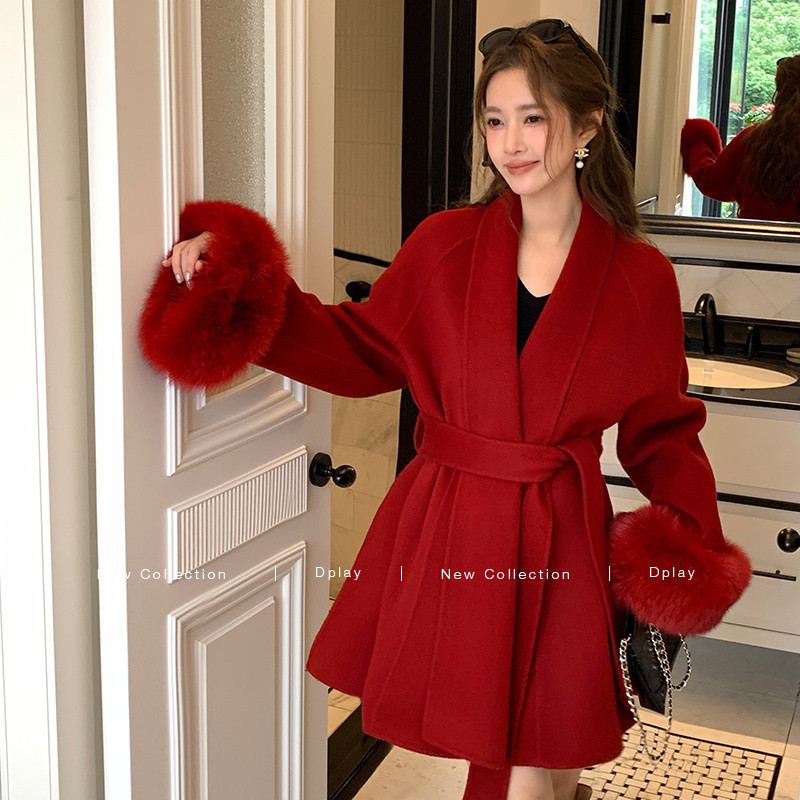 DPLAY红色双面呢大衣女2025冬季新款100羊毛新年战袍毛呢外套,女装/女士精品,毛呢外套,淘宝优惠券,粉丝福利购,淘宝优惠卷