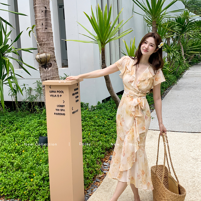 DPLAY法式黄色连衣裙女2025年夏季新款海边度假沙滩裙子鱼尾长裙