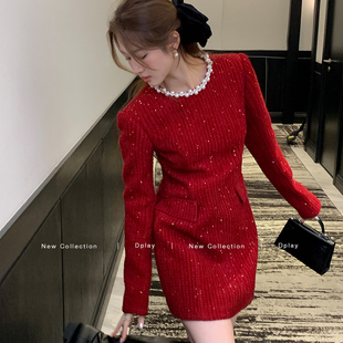 DPLAY法式 新年战袍收腰显瘦裙子 红色小香风连衣裙女2025秋冬新款