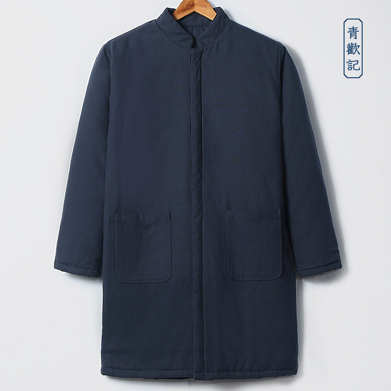 中国风立领男士复古棉衣冬季加厚中长款大码棉袍休闲棉麻直筒外套