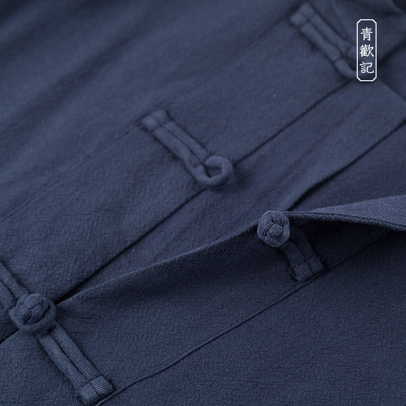 QINGHUANJI CHINESE STYLE TANG SUIT MENS LINEN ANCIENT COSTUME STAND COLLAR BUCKLE JACKET SPRING AND AUTUMN LOOSE RETRO TEA DRESS TOPS