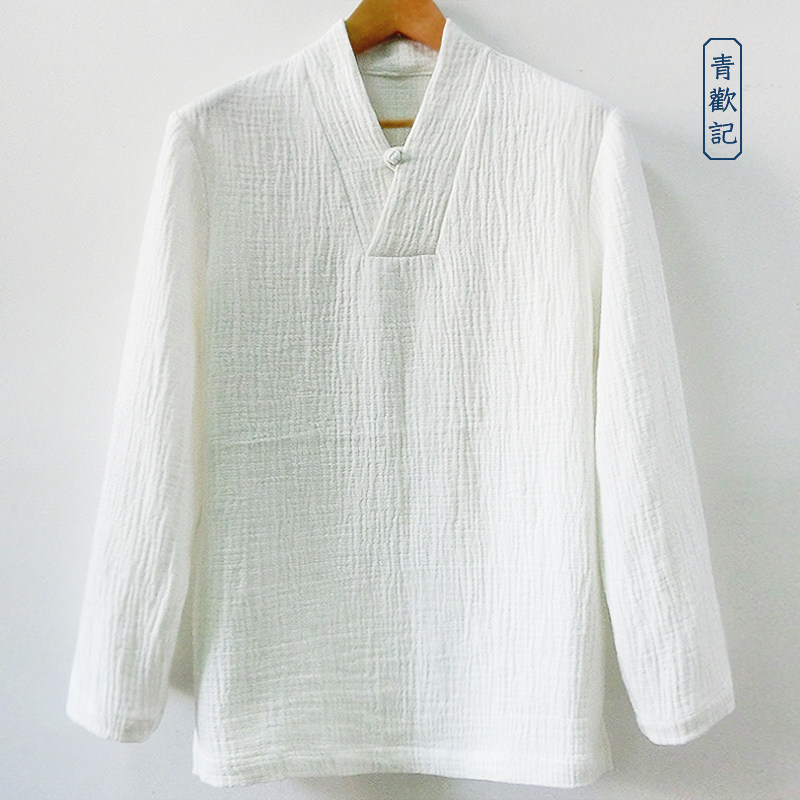 青欢记春秋亚麻汉服长袖t恤男中式宽松透气上衣大码复古禅服底衫