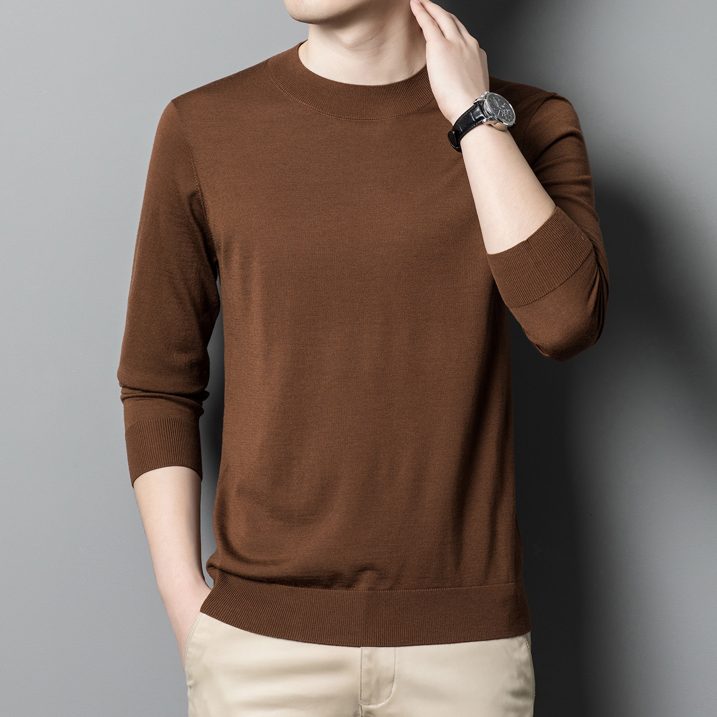 轻柔薄防缩工艺精纺羊毛衫男秋冬100超细美丽诺羊毛打底针织长袖