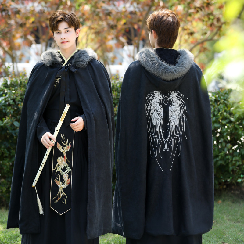 원래 망토 HANFU 남자의 가을 겨울 고대 스타일 중간 길이 플러스 벨벳 두꺼운 후드 모피 칼라 고대 의상 무술 망토