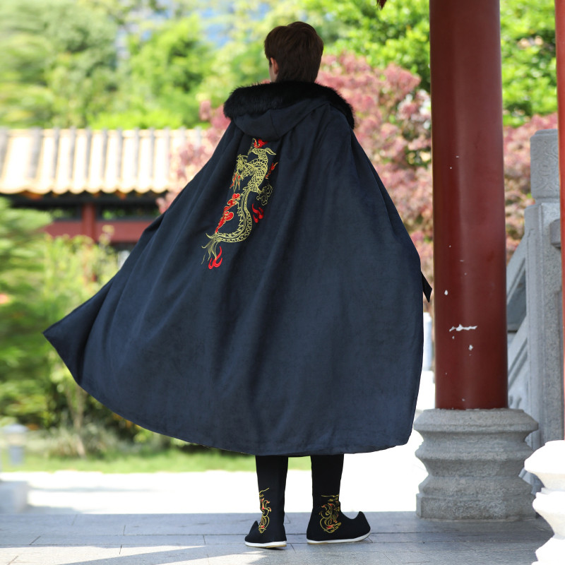 원래 망토 HANFU 남자의 가을 겨울 고대 스타일 중간 길이 플러스 벨벳 두꺼운 후드 모피 칼라 고대 의상 무술 망토