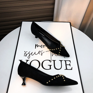 气质优雅舒适高跟鞋女尖头细跟2023年新款春冬黑色职业猫跟工作鞋